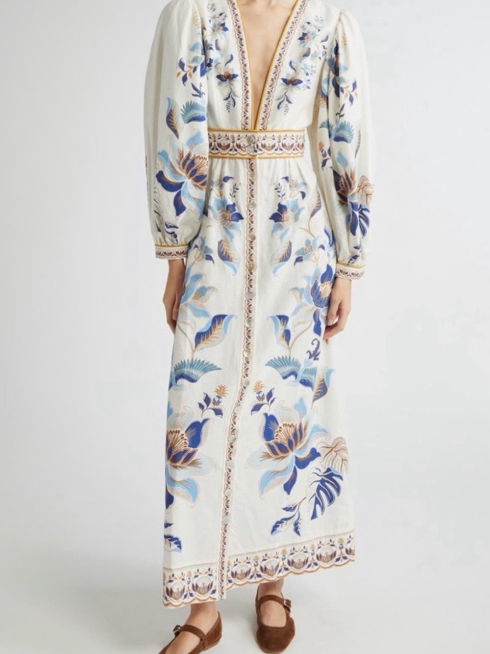 FARM Rio Maxi Dress with Blue and Tan Floral Embroidery - Mystic Blue Lotus